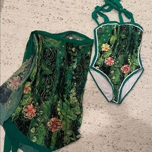 Floral Green One Piece Swimsuit and cover